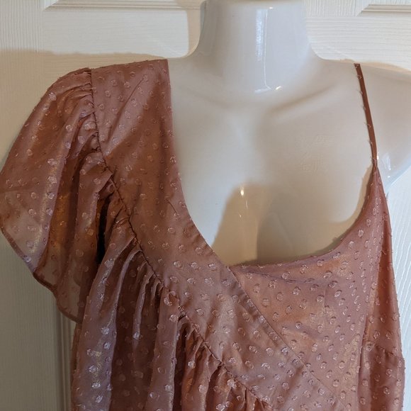 ASOS Iridescent Rose w/Gold Shimmer Pink Polkadot Asymmetrical Dress - size 16 - Picture 6 of 13